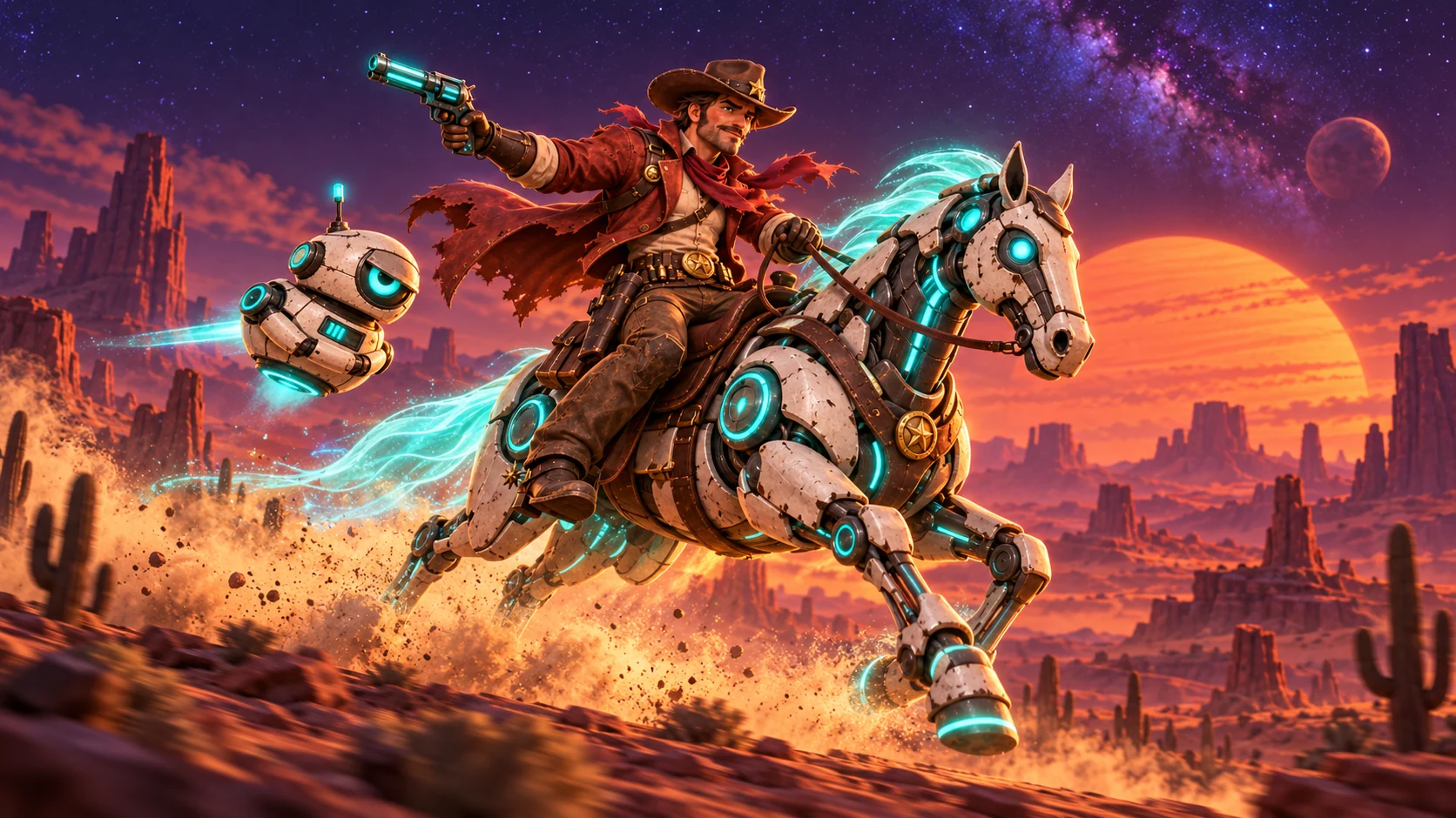 Key art: a rider crossing a dusk canyon