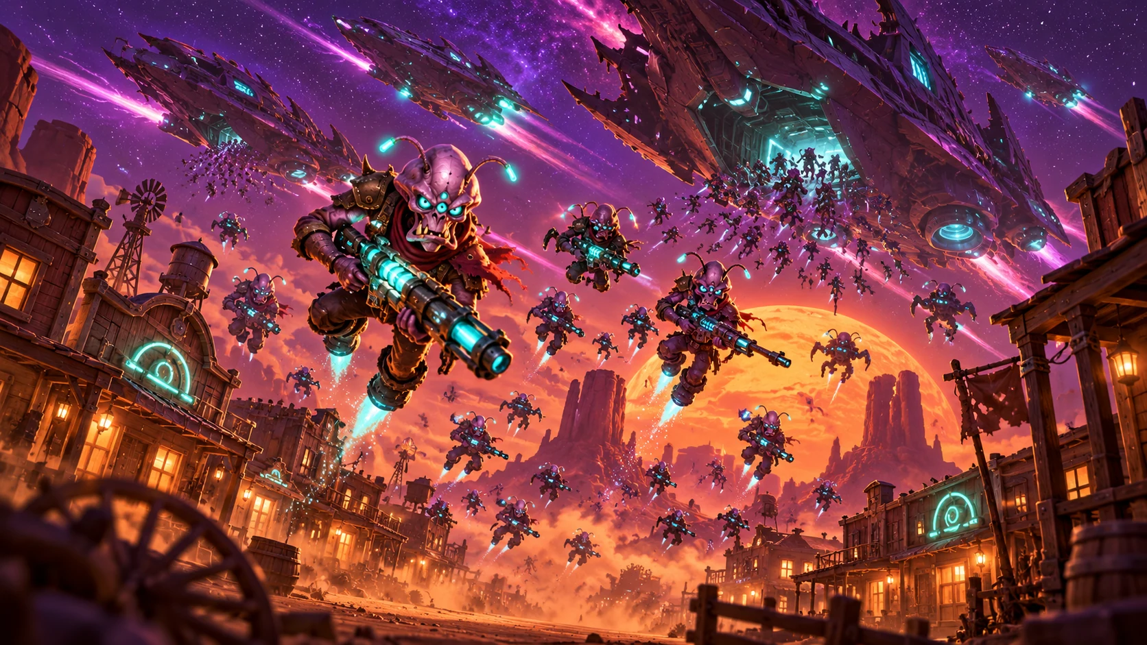 Key art: alien warships over the frontier