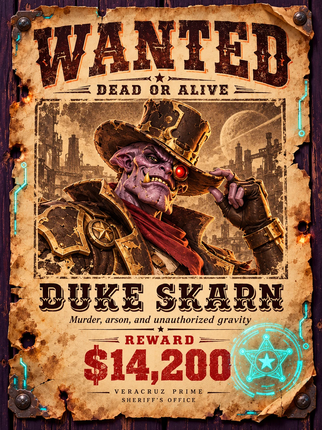 Wanted poster for Duke Skarn from the Veracruz Prime Sheriff's Office